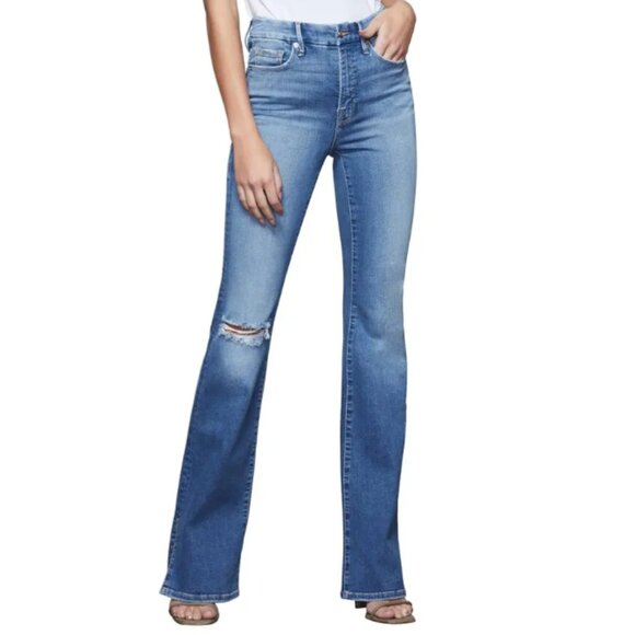 Good American Good Flare Ripped Split Hem Flare Jeans Size 25 - Picture 1 of 7